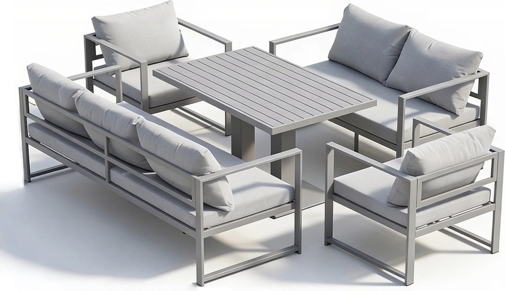 Zestaw mebli ogrodowych Bellagio NM2011-G-GR z sofami, fotelami i ławostołem, szary, poduszki szare