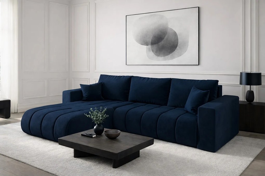 Narożnik z funkcją spania i pojemnikiem MILO PREMIUM, tkanina Monolith, Ciemnoniebieski, Lewy