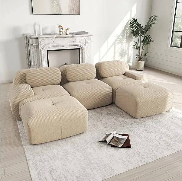 Modułowa sofa narożna 3-osobowa - z Welur - z 3 poduszkami i 2 pufami - 298x178x75cm - Beżowy