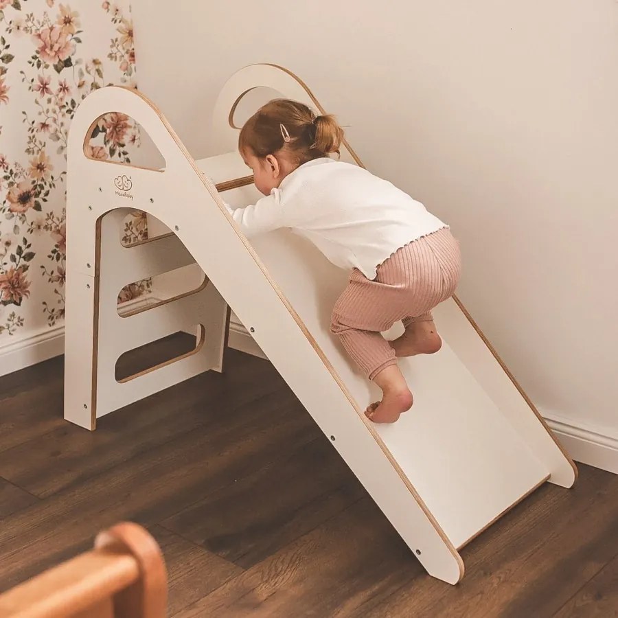 Drewniana zjeżdżalnia dla dziecka do pokoju 87x46cm montessori, biała - meowbaby®