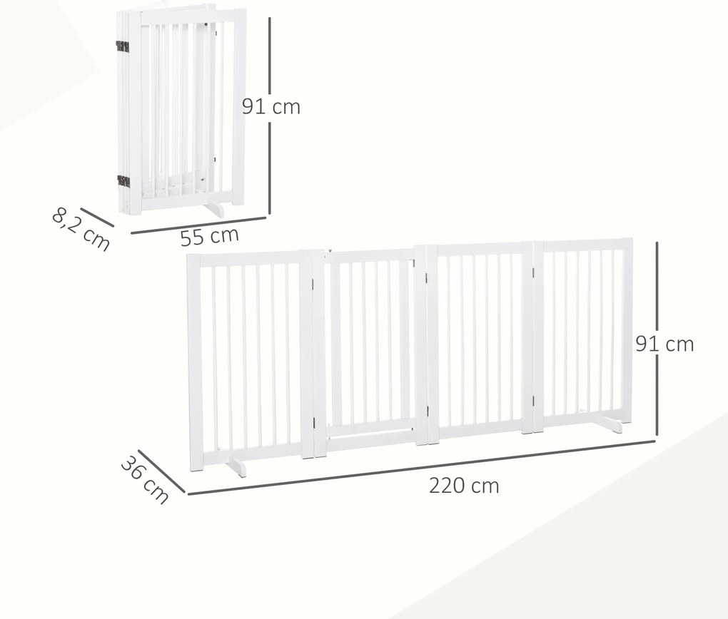 PawHut Bramka Zabezpieczająca dla Psów 4-elementowa, 220 x 91 cm Składana Bramka z Drzwiami, Wolnostojąca, z 2 Podpórkami, Ażurowa, Drewniana, na Korytarz, Kuchnię, Schody, Biała