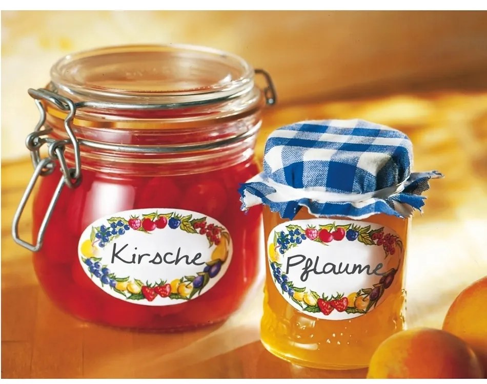 Etykiety samoprzylepne w pojemniku z motywem owoców, 100 szt.