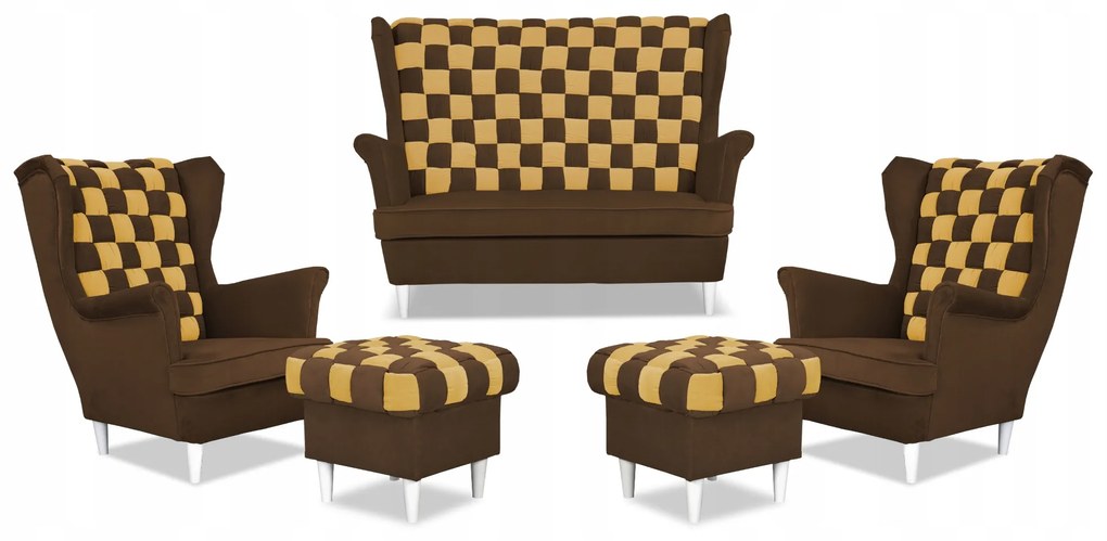 Zestaw uszak CAROL DUO sofa fotele pufy Family Meble brązowo - żółty