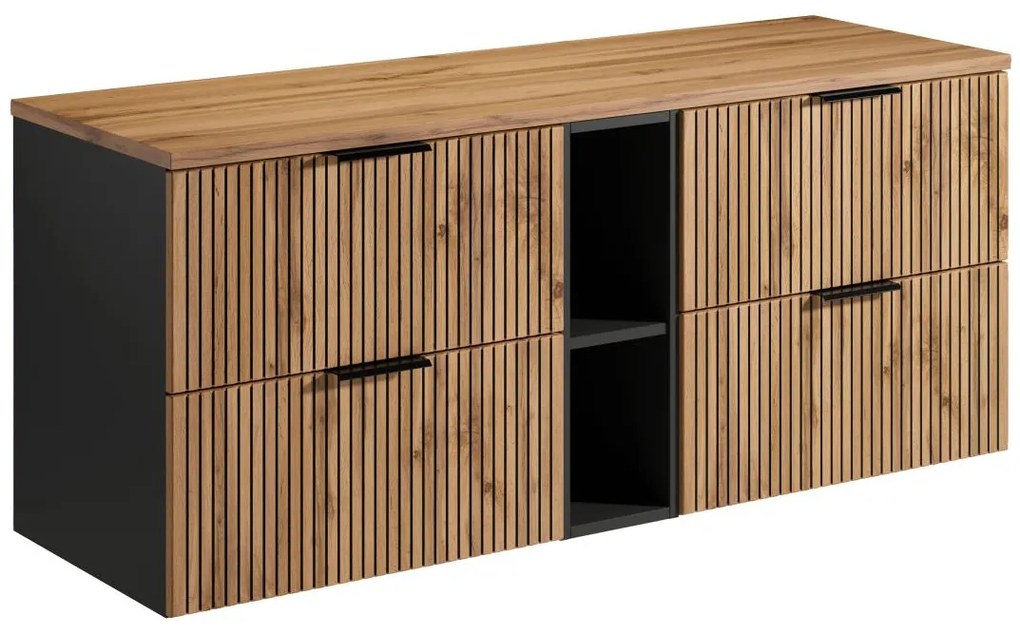 Szafka pod umywalkę wisząca ryflowana z wnękami - Naturalny jasny - szer. 140 cm - MADELA