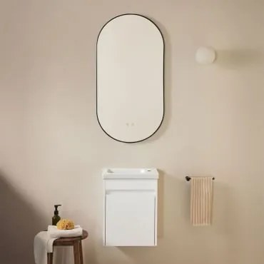 Zestaw Mebli Łazienkowych Z Drewna Z Wbudowaną Umywalką Narek Biała & Owalna Osłona Led I Przeciwmgielna Czarny 50x100 Cm Asteiro - Sklum