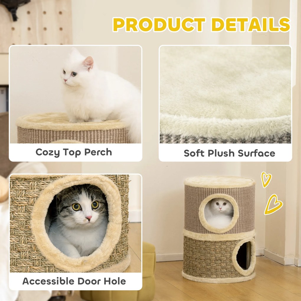 PawHut Beczka do drapania, wysokość 49 cm, Ø35,5 cm dwupoziomowa beczka z obszyciem z pluszu mata do drapania, 2 kryjówki Khaki+Kawowy