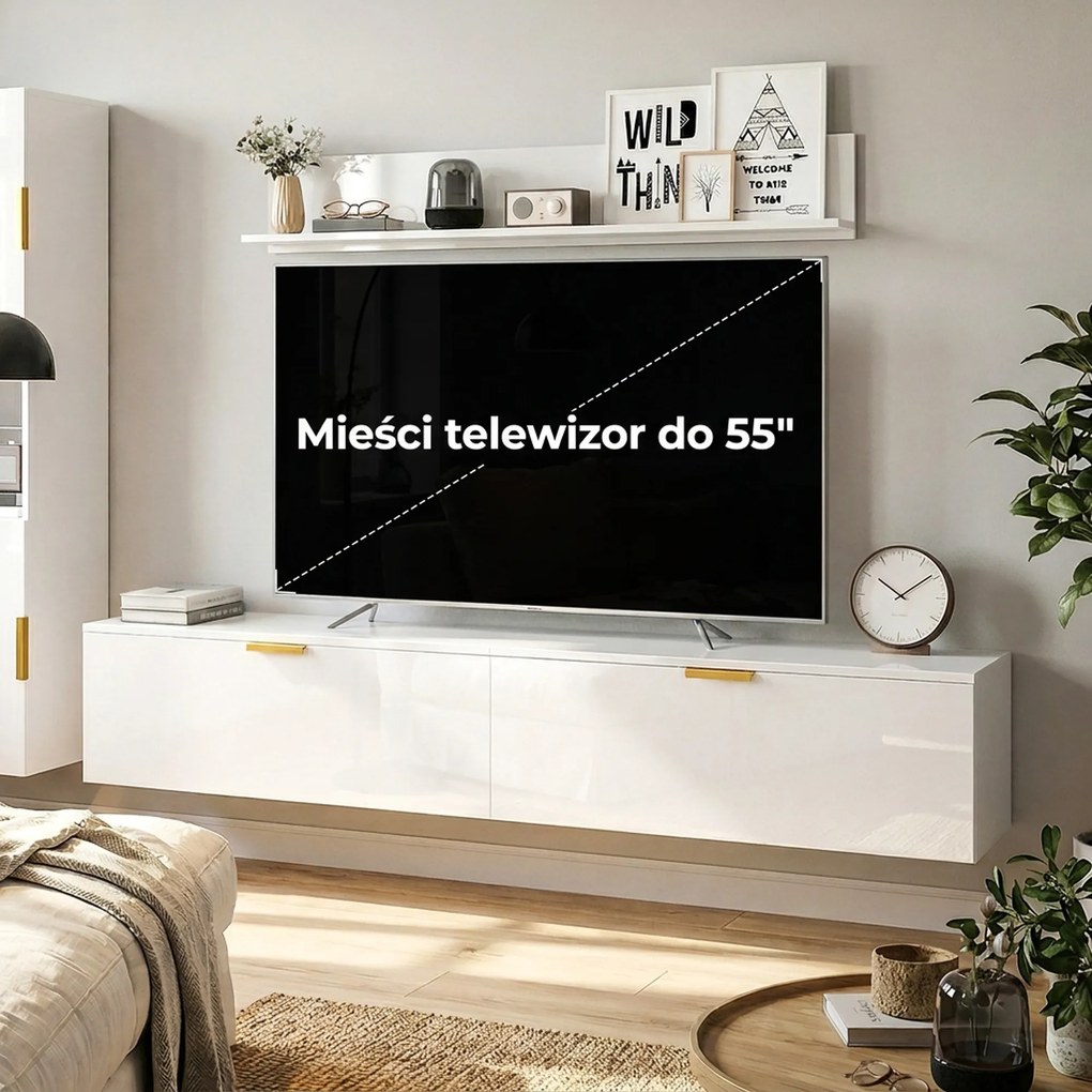HOMCOM Wiszące RTV z uchylnymi drzwiczkami Centrum rozrywki półka ścienna szafka 180 cm biały wysoki połysk | Aosom PL