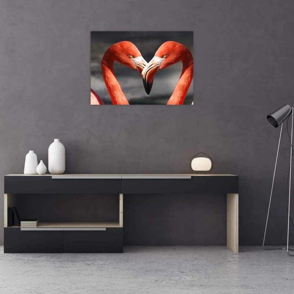 Obraz na szkle dwóch zakochanych flamingów (70x50 cm)