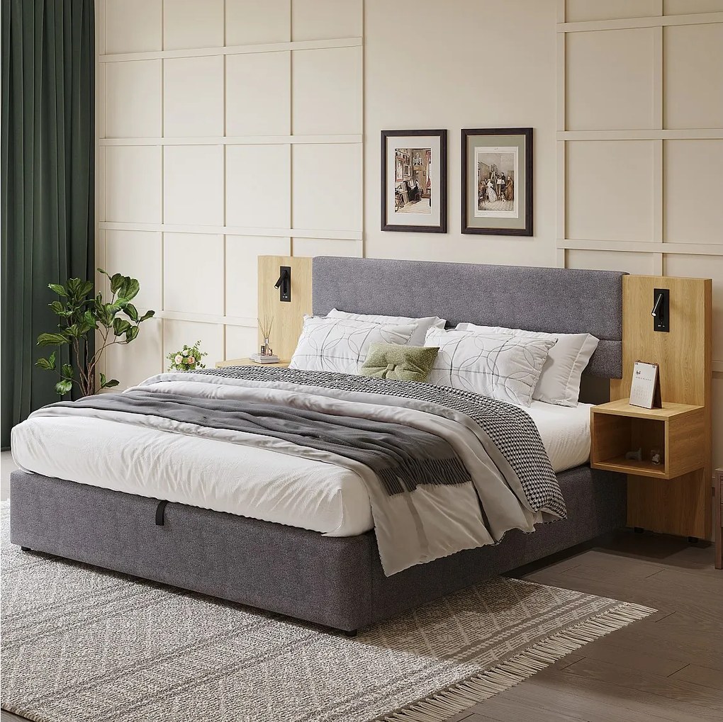 Łóżko ze schowkiem 160 x 200 cm z dużym wezgłowiem i 2 stolikami nocnymi - port USB i 2 lampki do czytania - drewno i aksamit - szary + naturalny (bez materaca)