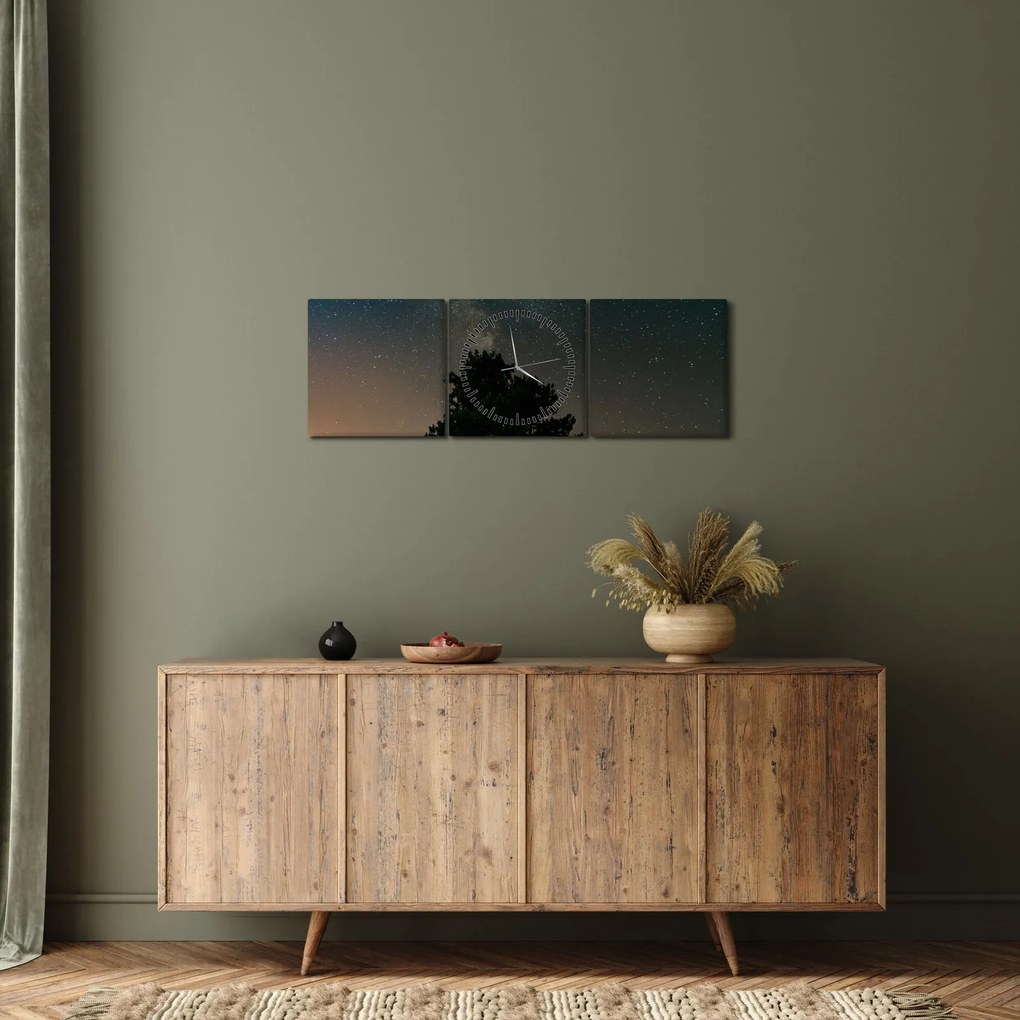 Obraz nocnego nieba z drzewami (z zegarem) (90x30 cm)