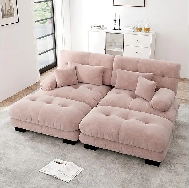Sofa narożna 2-osobowa + 2 pufy - z 4 poduszkami - tkanina plusz różowa - 220x145x81cm