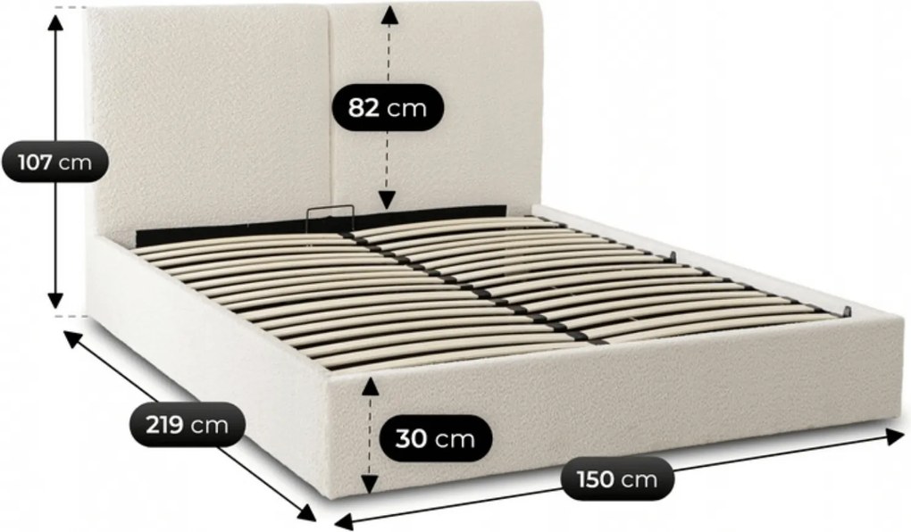 Łóżko Tapicerowane 140x200 cm MARSYLIA ze Stelażem i Pojemnikiem Dwuosobowe Boucle Kremowe