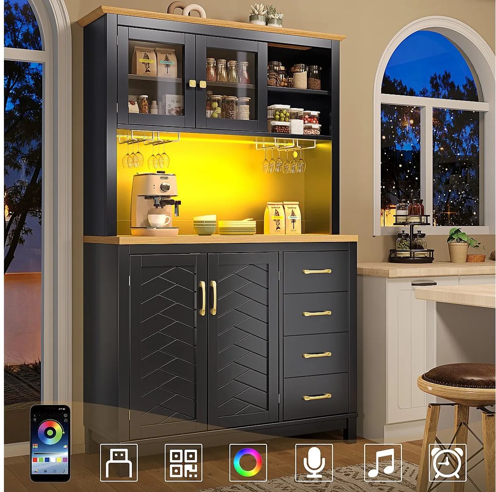 Kredens kuchenny w stylu rustykalnym - 105,5 x 40 x 180 cm - 4 drzwi + diody LED + uchwyty na kubki + szuflady - MDF - czarny