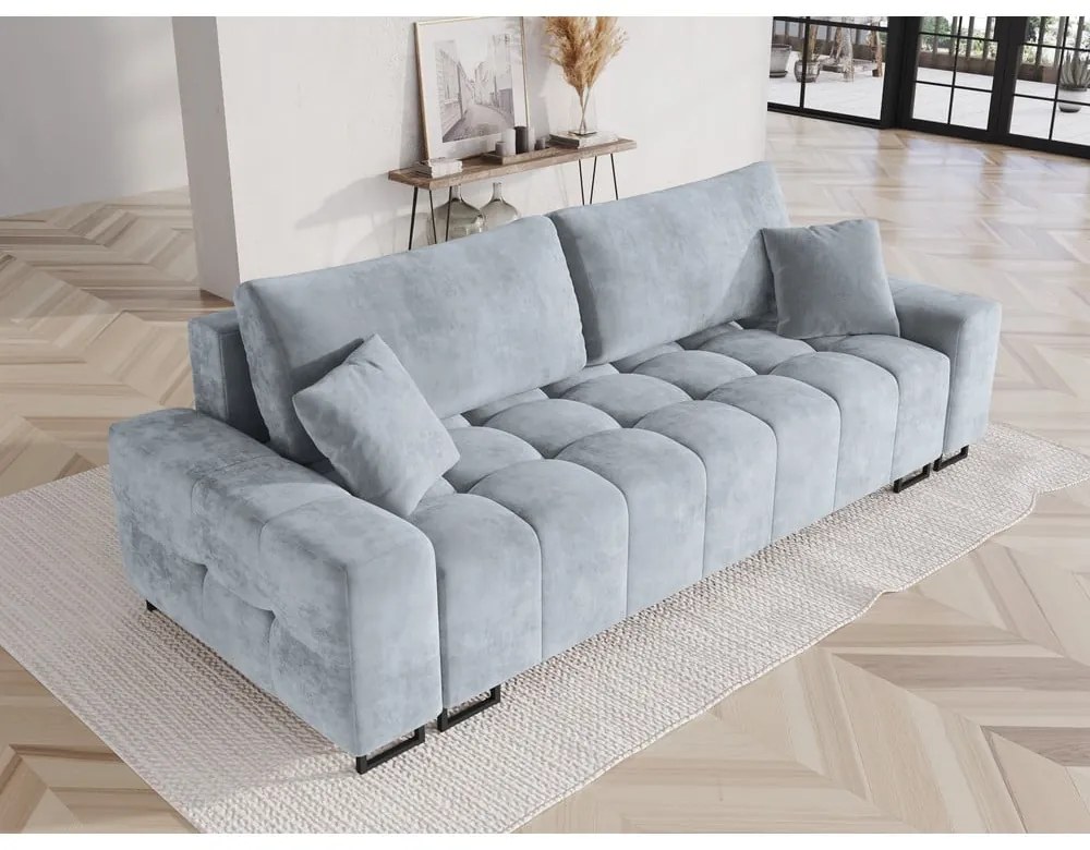 Jasnoniebieska aksamitna rozkładana sofa ze schowkiem 250 cm Wicklow – Cosmopolitan Design