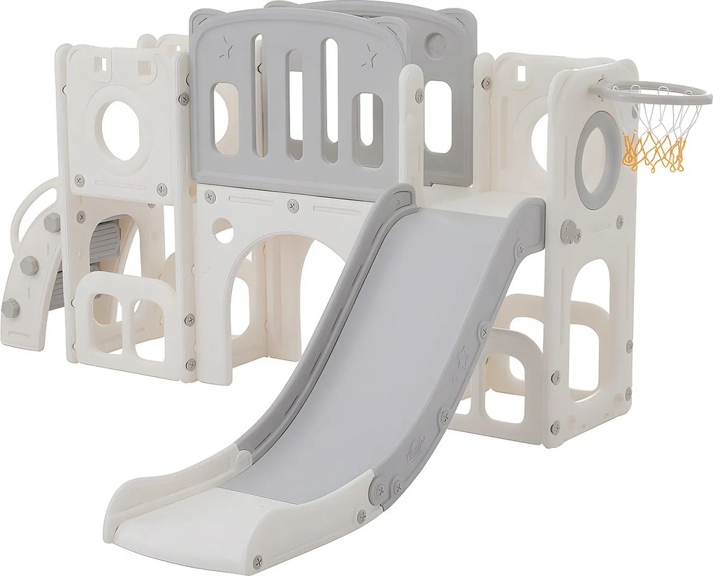 Zjeżdżalnia dla dzieci 6 w 1 - składająca się z zjeżdżalni, kosza do koszykówki, schodów, tunelu i dwóch schowków - Polietylen - Jasnoszary