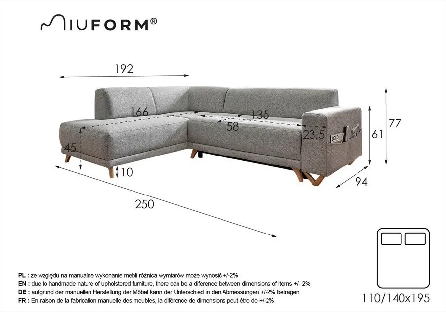 Szary rozkładany/ze schowkiem narożnik (lewostronny/w kształcie litery L) Classy Sophie – Miuform