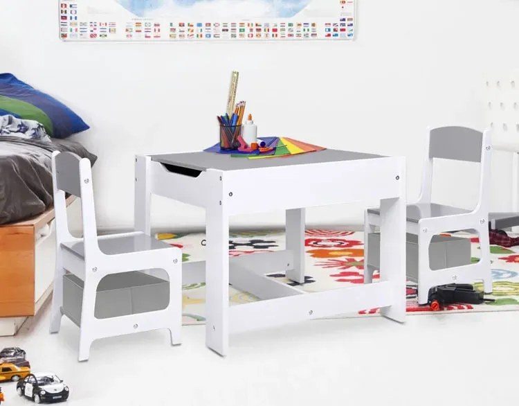 Szary wielofunkcyjny stolik z krzesłami dla dzieci F2-D90