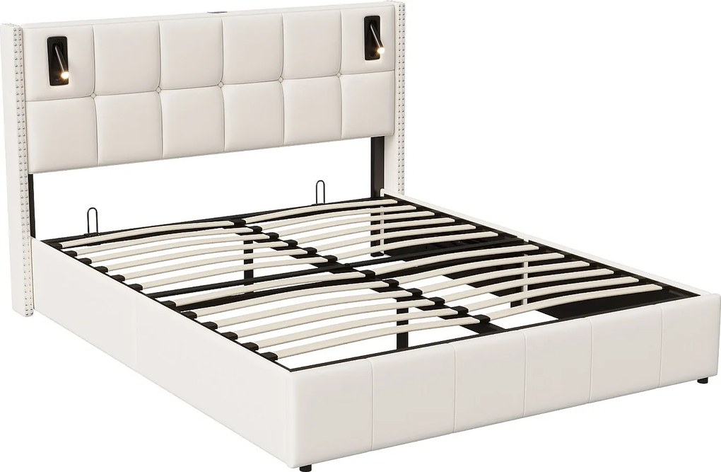 Łóżko tapicerowane 140x200cm z podstawą z listew i lampkami do czytania, łóżko z pojemnikiem, łóżko podwójne, aksamit, beżowe