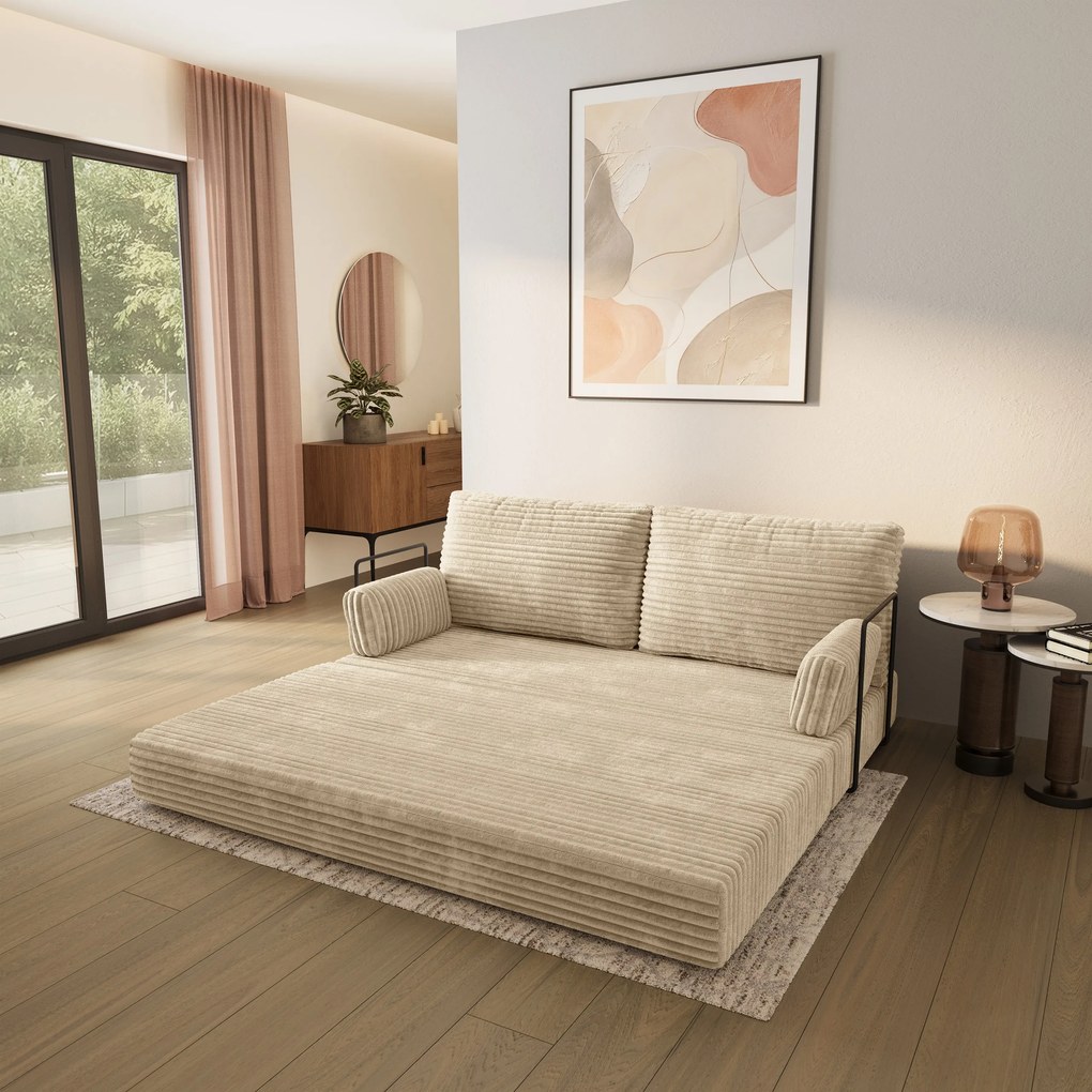Masseno Sofa piankowa SILAR z funkcją spania, Kanapa z pianki do salonu, Bezmontażowa, Tkanina sztruksowa – Kremowy TILIA 03