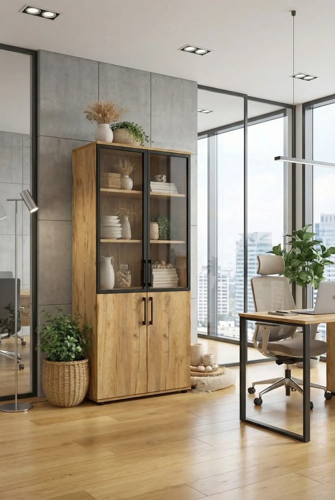 Zamykany regał biurowy z witryną dąb craft F9-M74