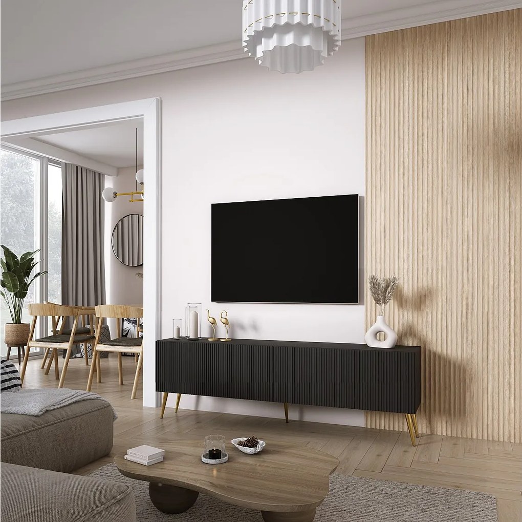Szafka pod telewizor 170, fronty ryflowane, Czarny Mat, nóżki pochyłe złote, 170 × 32 × 52 cm
