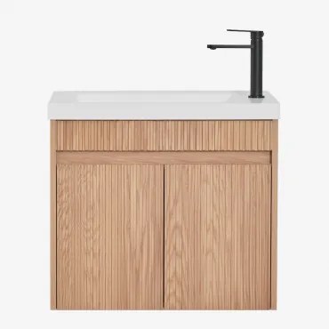 Zestaw Wiszących Mebli Łazienkowych Zintegrowany Z Umywalką Narek Popielaty Brąz & Bezlusterkowiec & Czarny Matowy - Sklum