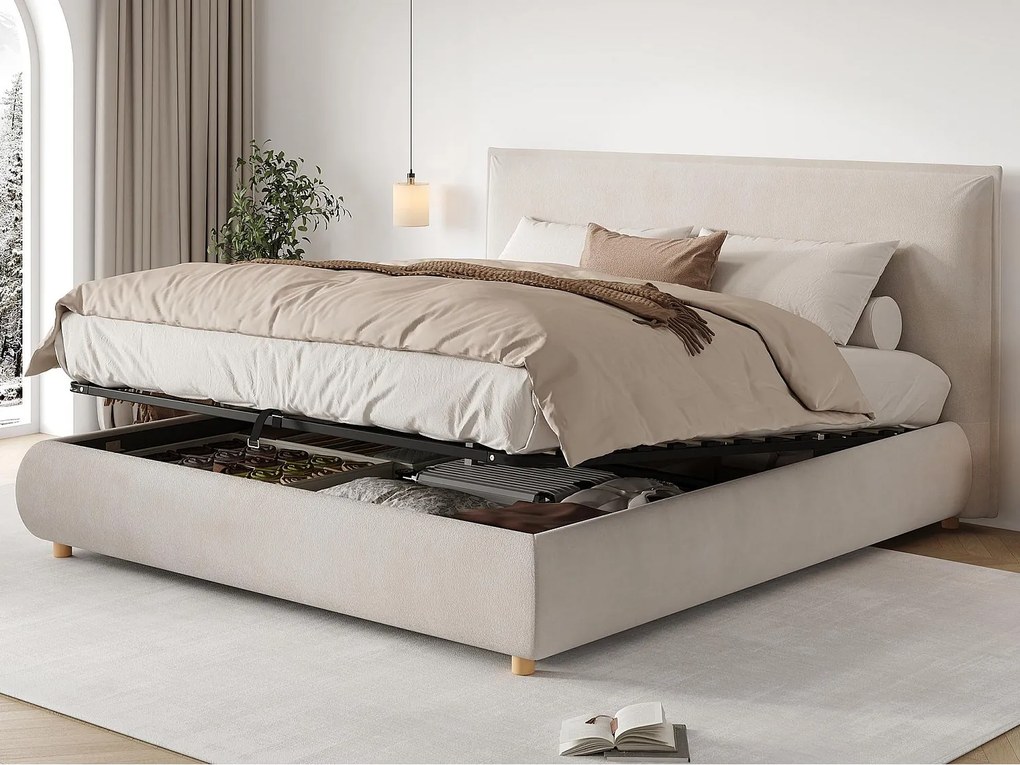 Tapicerowane łóżko z pojemnikiem 180x200 cm - Pikowane wezgłowie - Przechowywanie pod łóżkiem - Nogi z litego drewna - Z weluru - Beżowy