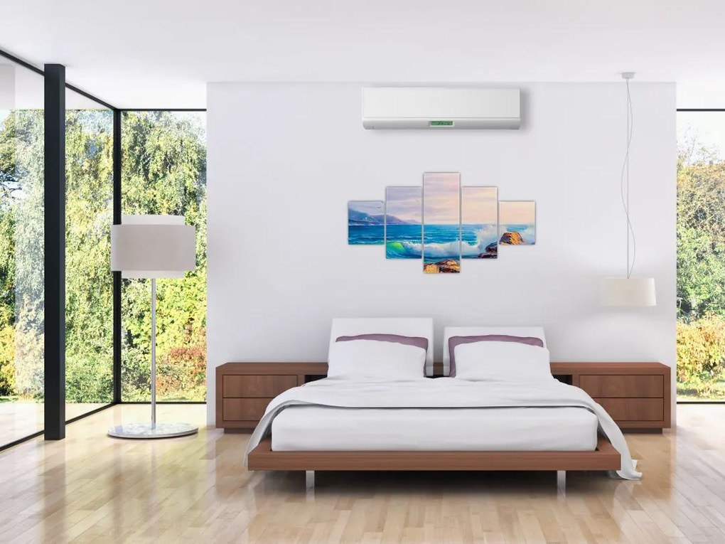 Obraz fal uderzających w klify, obraz olejny (125x70 cm)