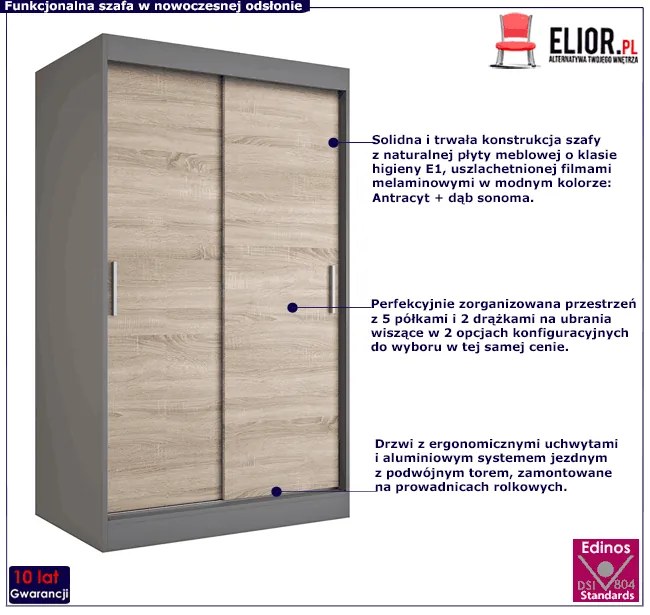 Szafa przesuwna antracyt + dąb sonoma 120 cm - Erco 3X