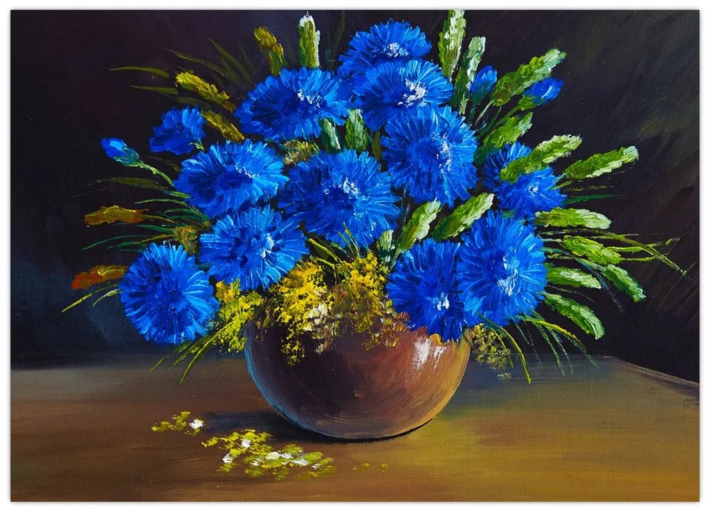 Obraz na szkle niebieskich kwiatów w wazonie (70x50 cm)