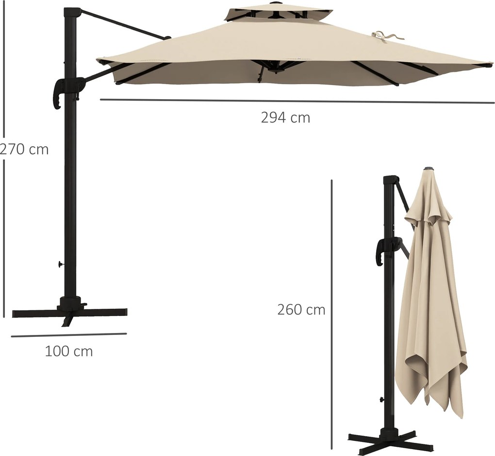 Outsunny Parasol ogrodowy, odporny na warunki atmosferyczne, z 1 korbką, 2,94 x 2,94 x 2,7 m, Khaki