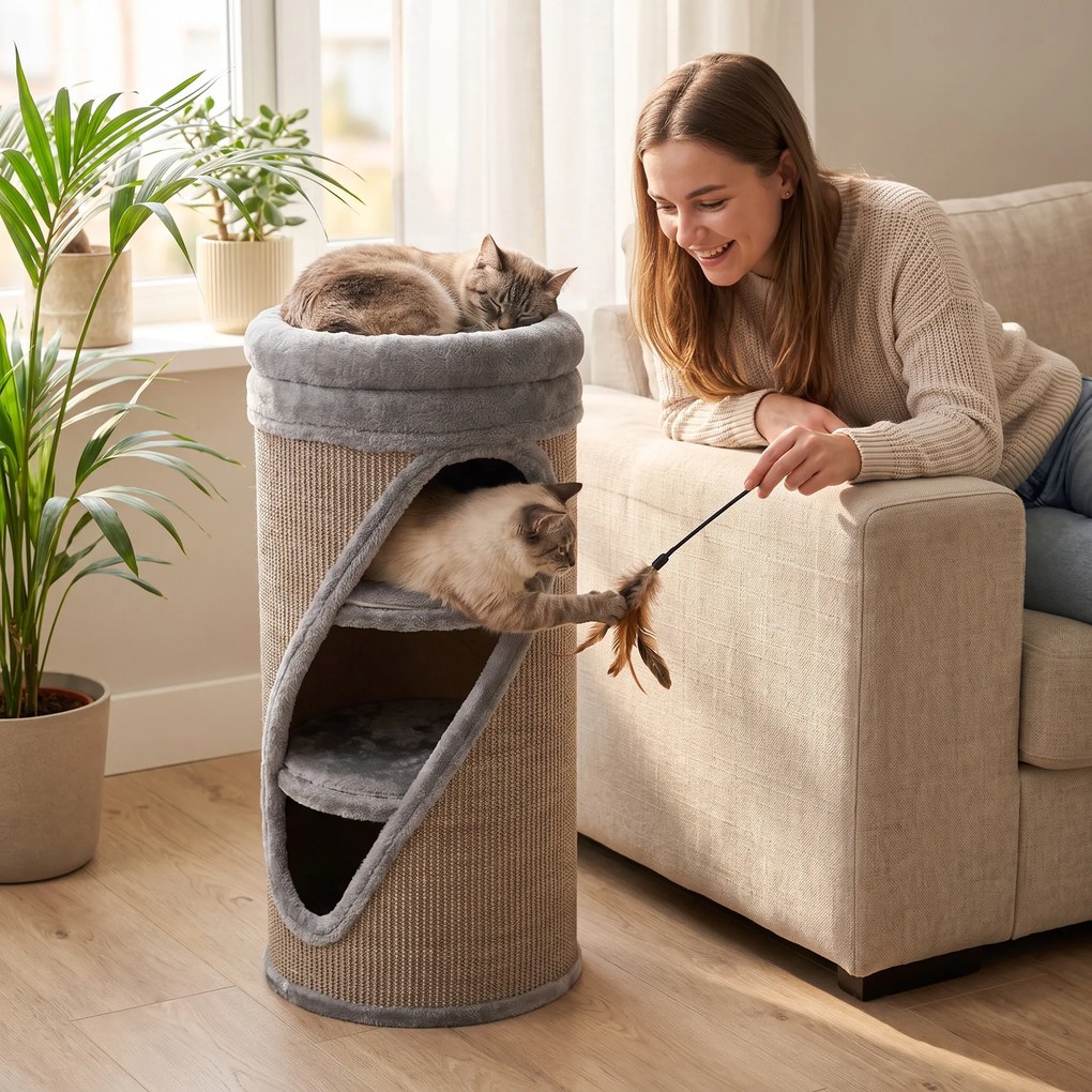 PawHut Beczka-drapak 75 cm wys. Ø35 cm, 4-poziomowa beczka z 3 kryjówkami, zdejmowalnym pranym pluszowym łóżkiem, powierzchnia sisal do drapania | Aosom PL