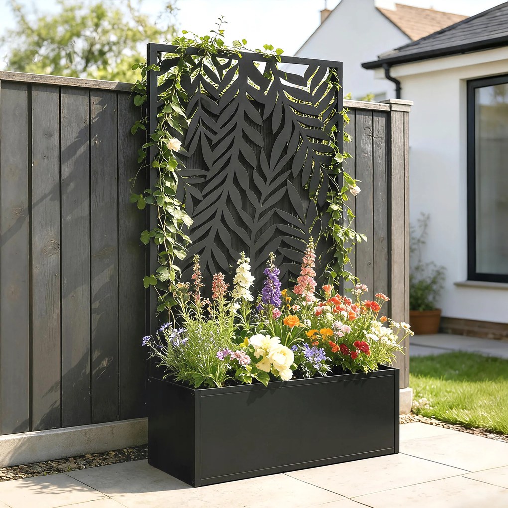 Outsunny Donica z osłoną wizualną Donica z kratką tropikalne motywy liści 61 x 23 x 113 cm Czarny | Aosom PL