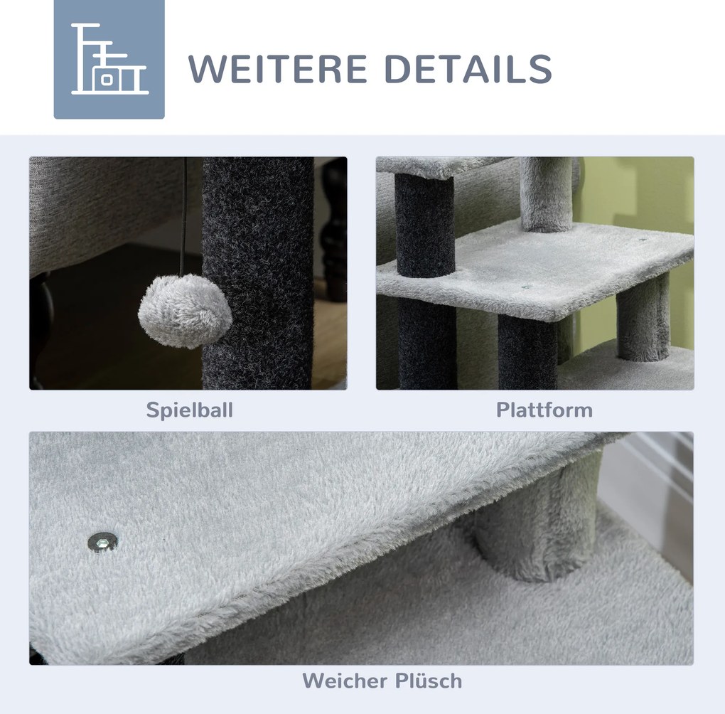 PawHut Drapak dla kotów schodki z piłką i domkiem regulowana wysokość czarno-szary 60x40x66cm | Aosom PL