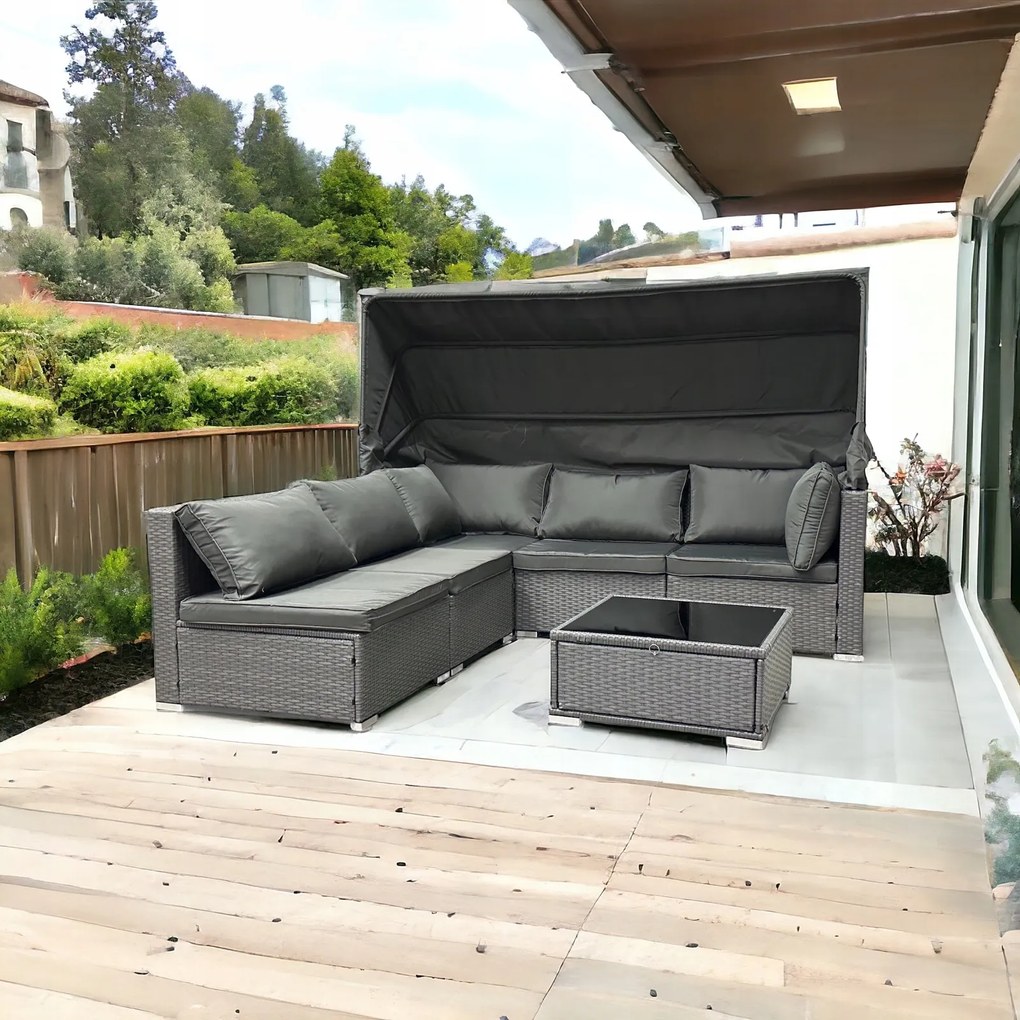 Wielofunkcyjny zestaw mebli ogrodowych - narożnik, leżanka z daszkiem Galicja 101 szary, poduszki szare