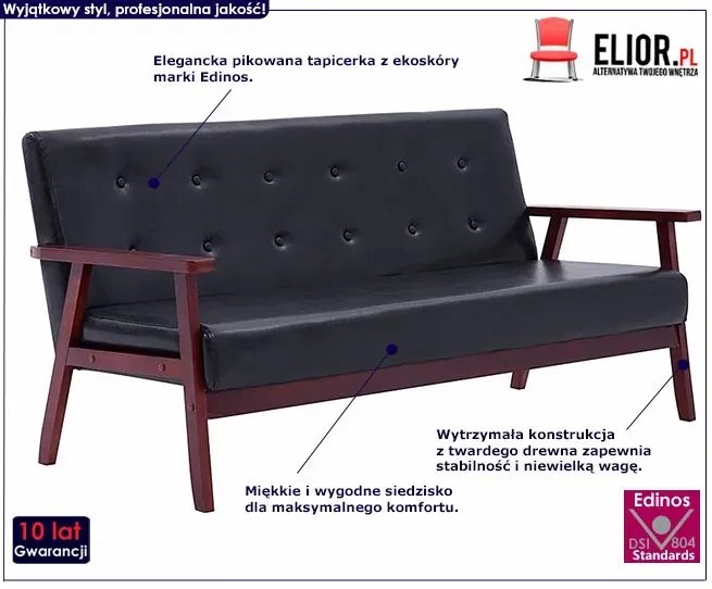 3-osobowa czarna sofa retro - Garner 3X