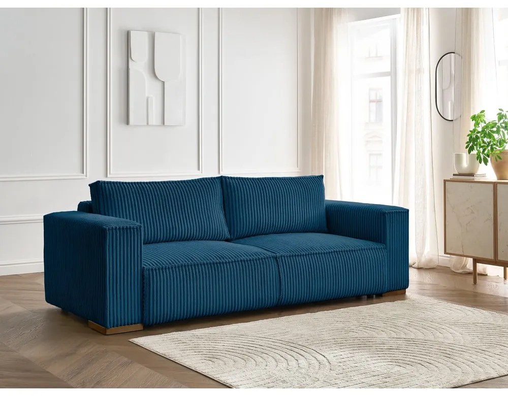 Niebieska sztruksowa rozkładana/ze schowkiem sofa 244 cm Chelsea – Bobochic Paris