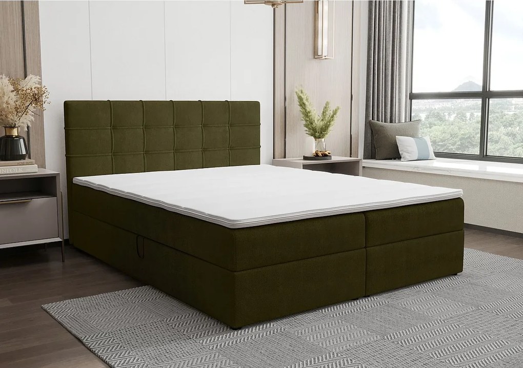 BEDANTE Łóżko kontynentalne KIDA 140x200 Curio 39 Ciemnozielony Łóżko małżeńskie Łóżko hotelowe Sypialnia Materac Topper Schowek
