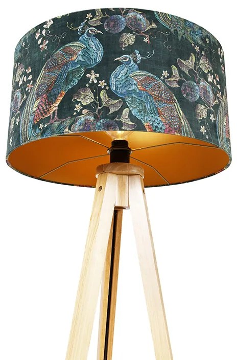 Nowoczesna lampa podłogowa drewniana z abażurem z tkaniny w kolorze czarnym z motywem pawia 50 cm - Tripod Classic Nowoczesny Oswietlenie wewnetrzne