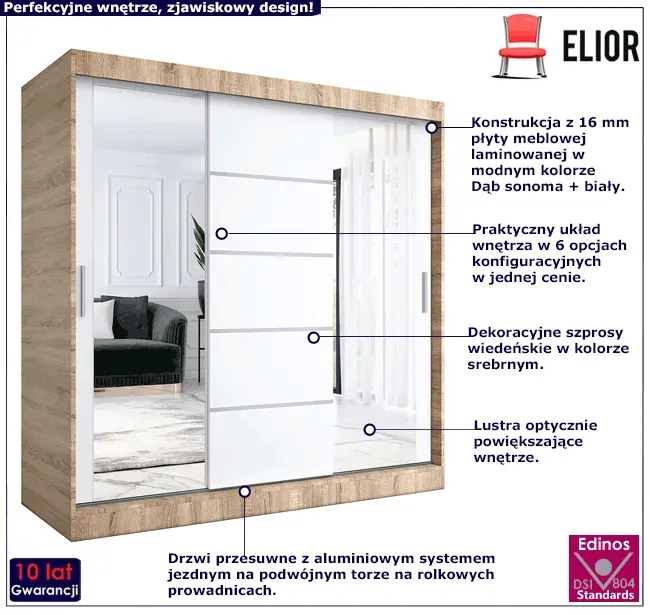 Szafa przesuwna 200 cm dąb sonoma + biały - Ebia 6X