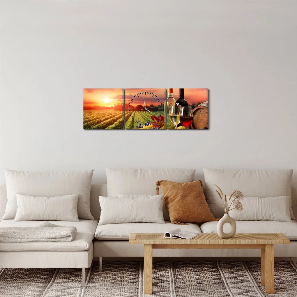 Obraz winnicy z winem (z zegarem) (90x30 cm)