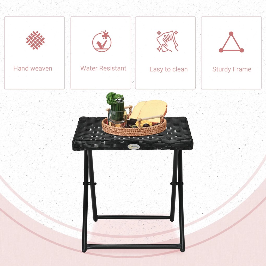 Outsunny Stolik balkonowy z polirattanu, składany, rama ze stali, łatwy w pielęgnacji, 40x40x40 cm, Czarny