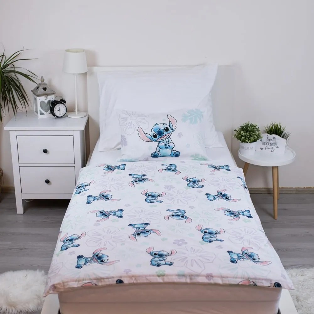 Biała bawełniana pościel dziecięca do łóżeczka 100x135 cm Lilo and Stitch "Ohana White" – Jerry Fabrics