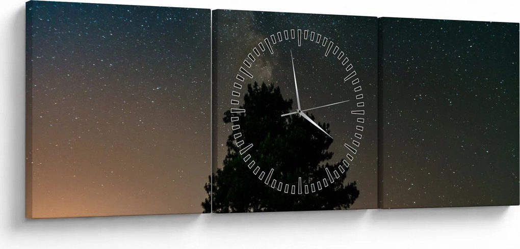 Obraz nocnego nieba z drzewami (z zegarem) (90x30 cm)