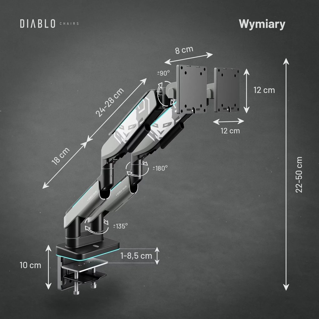Uchwyt regulowany na 2 monitory 35 cali RGB Diablo X-Arm Dual, szaro-czarny