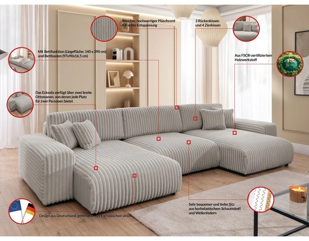 Jasnoszary sztruksowy rozkładany narożnik ze schowkiem (w kształcie litery U) Sarina – Ropez