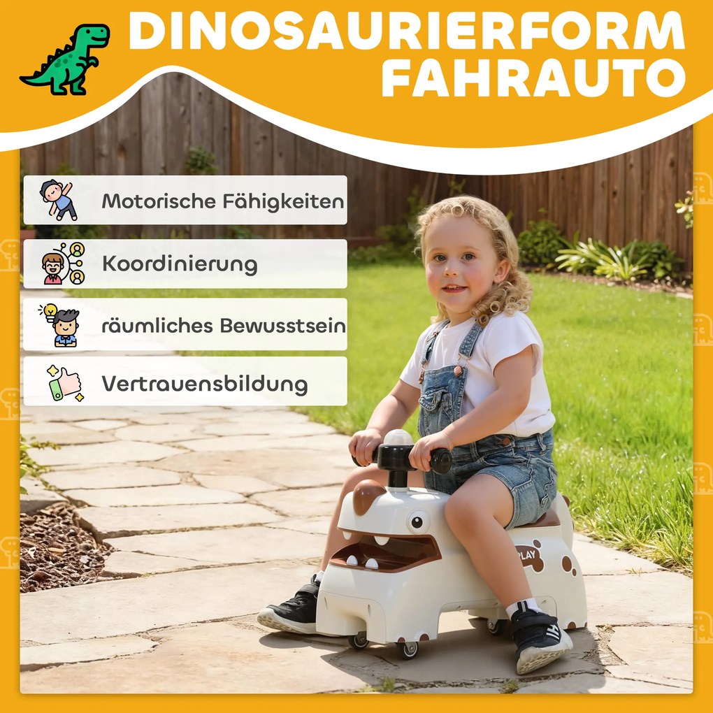 AIYAPLAY jeździk, design dinozaura, kierownica, światła, dźwięki, 4 koła, kremowo-biały+brązowy | Aosom PL