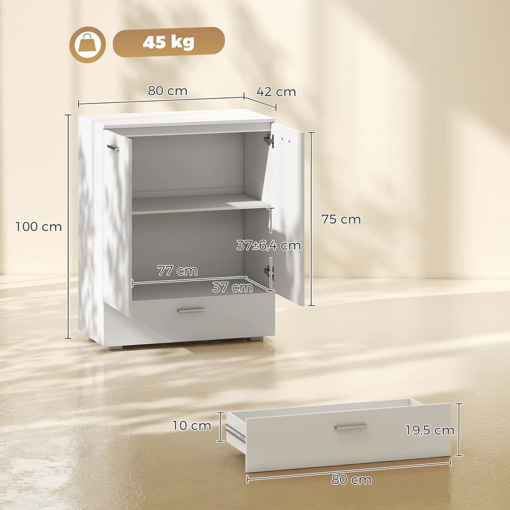 HOMCOM Nowoczesne sideboard, wolnostojąca szafka do przechowywania z szufladą i regulowaną półką, Biały | Aosom PL