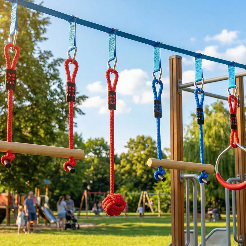 AIYAPLAY Ninja Line dla dzieci 10 m 9-częściowy zestaw Slackline z 2 pierścieniami gimnastycznymi, huśtawką 3 w 1, 2 drabinkami dla dzieci 3–8 lat, wielokolorowy | Aosom PL