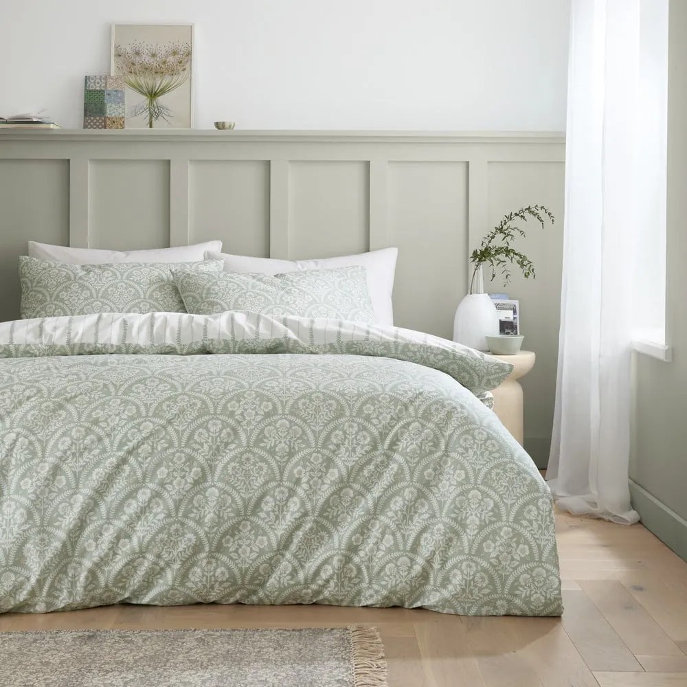 Biało-zielona pościel dwuosobowa z perkalu bawełnianego 200x200 cm Scallop Floral – Bianca